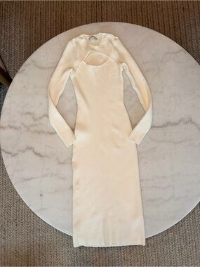 Abercrombie & Fitch Cream Ribbed Long-Sleeve Cutout Midi Dress